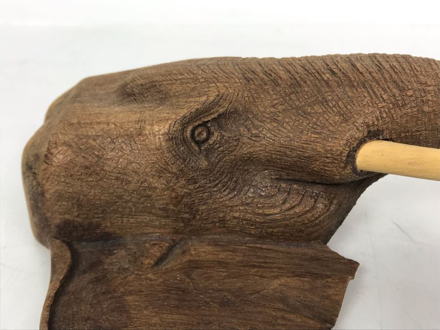 Finely Carved Wooden Elephant's Head Sculpture Wall Mount Signed On Back 7W X 9H [Photo 9]