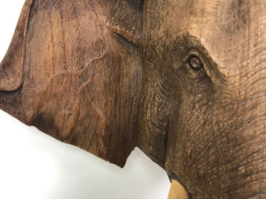 Finely Carved Wooden Elephant's Head Sculpture Wall Mount Signed On Back 7W X 9H [Photo 6]