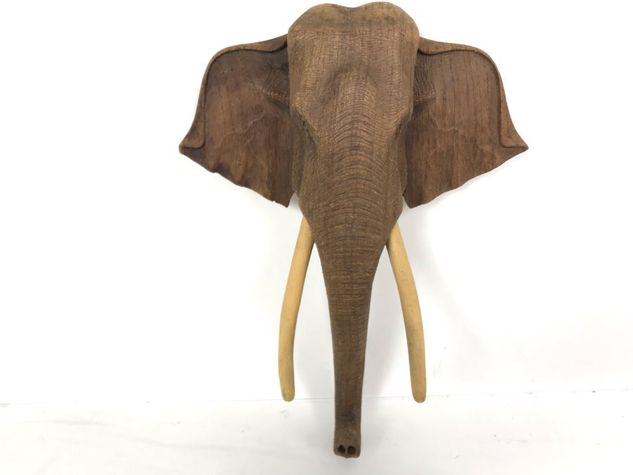 Finely Carved Wooden Elephant's Head Sculpture Wall Mount Signed On Back 7W X 9H [Photo 2]