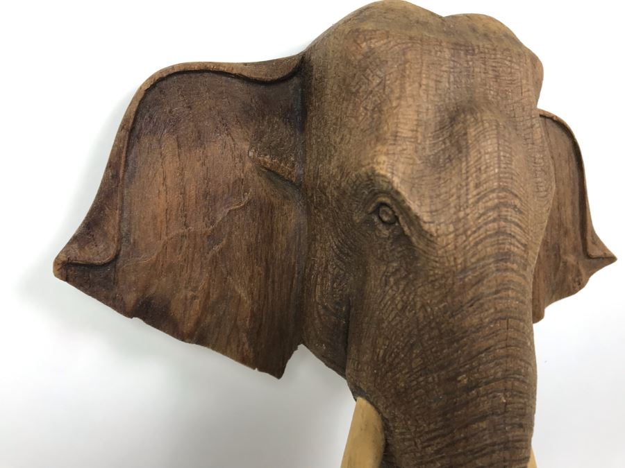 Finely Carved Wooden Elephant's Head Sculpture Wall Mount Signed On Back 7W X 9H [Photo 5]