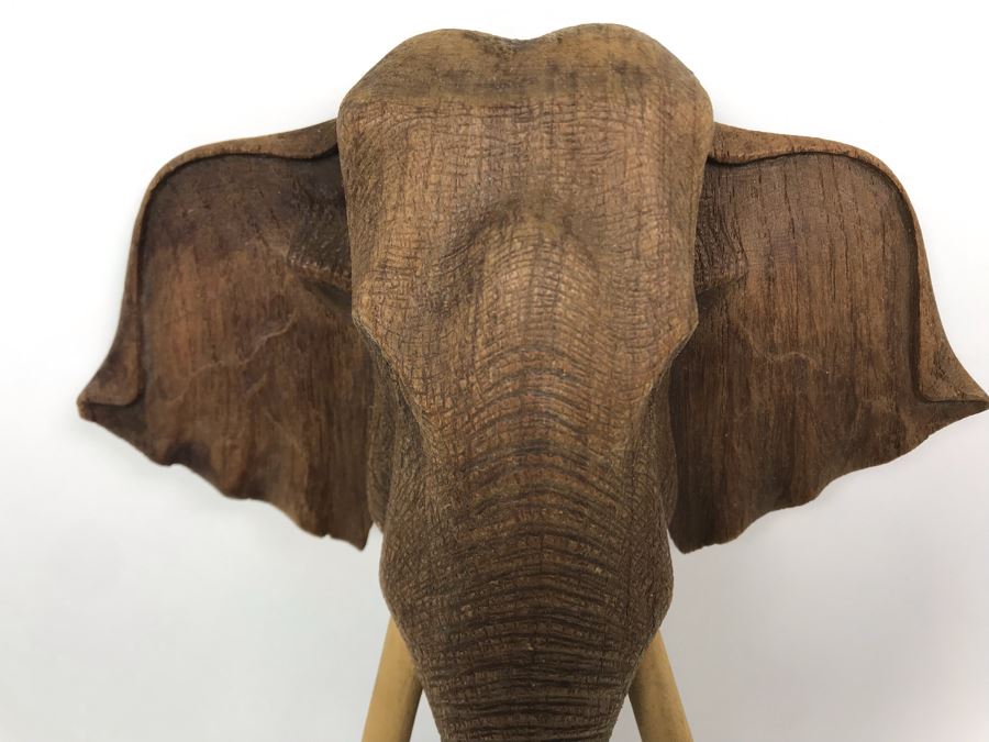 Finely Carved Wooden Elephant's Head Sculpture Wall Mount Signed On Back 7W X 9H [Photo 3]