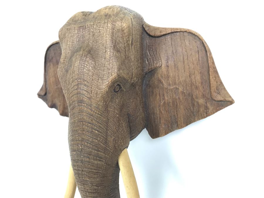 Finely Carved Wooden Elephant's Head Sculpture Wall Mount Signed On