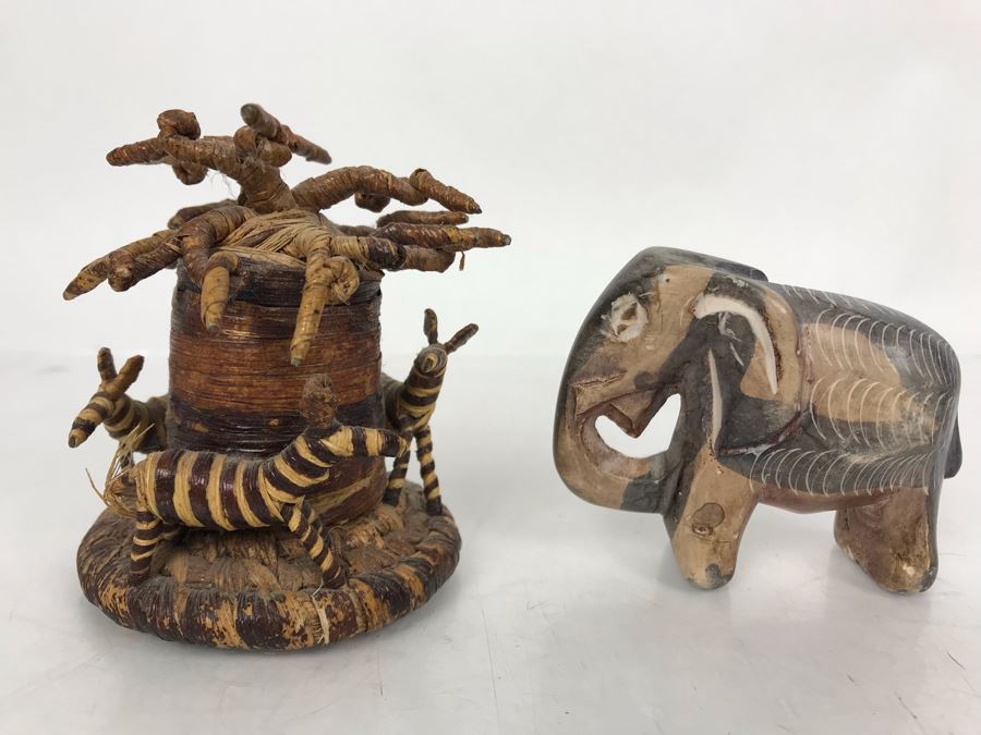 Carved Stone African Elephant And Woven Tree With Animals Sculpture