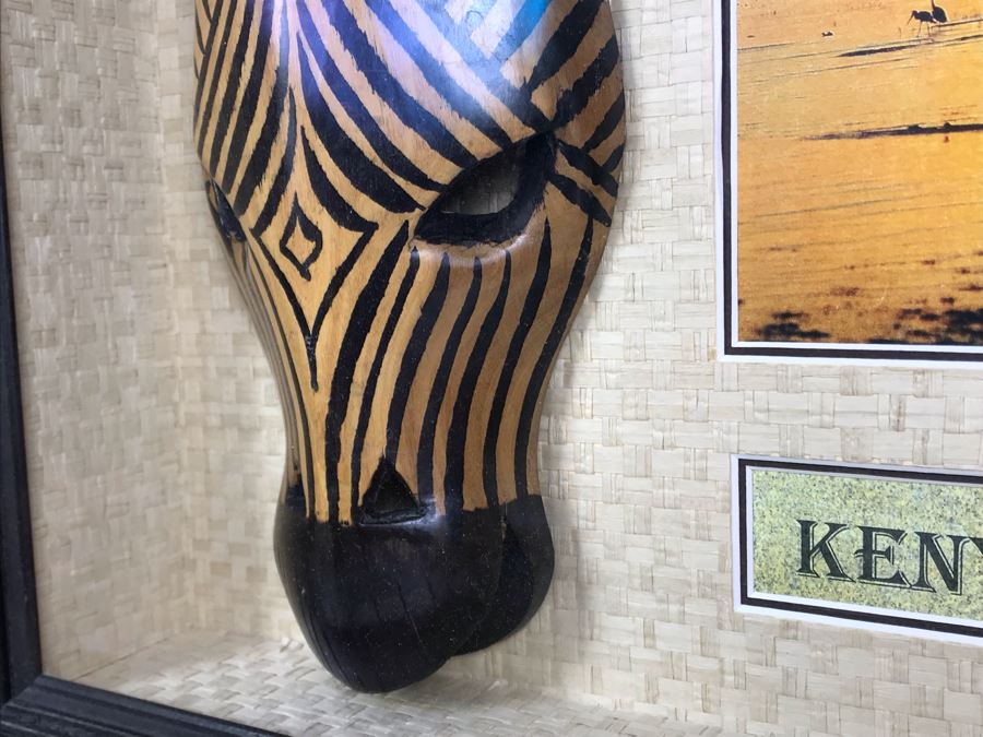 Shadowbox Framed Kenya Africa With Zebra Mask, Zebra Figurine, Photo And Map Of Kenya 26.5W X 19.5H [Photo 6]