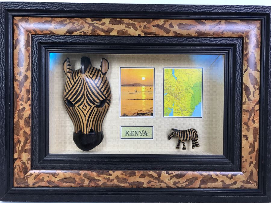 Shadowbox Framed Kenya Africa With Zebra Mask, Zebra Figurine, Photo And Map Of Kenya 26.5W X 19.5H