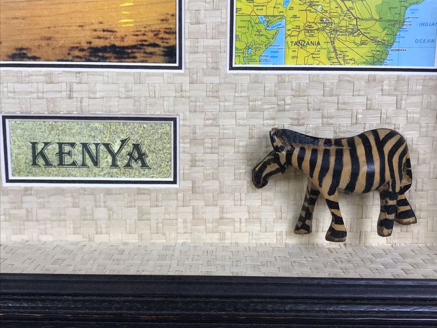 Shadowbox Framed Kenya Africa With Zebra Mask, Zebra Figurine, Photo