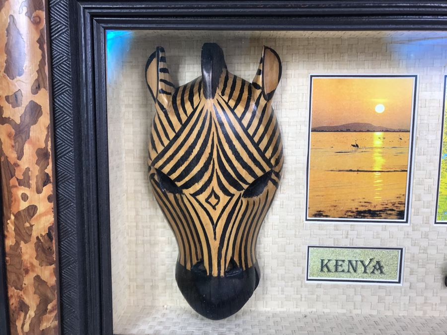 Shadowbox Framed Kenya Africa With Zebra Mask, Zebra Figurine, Photo