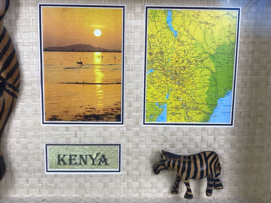 Shadowbox Framed Kenya Africa With Zebra Mask, Zebra Figurine, Photo And Map Of Kenya 26.5W X 19.5H [Photo 4]
