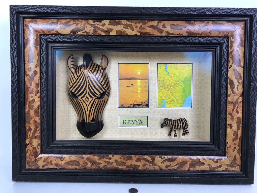 Shadowbox Framed Kenya Africa With Zebra Mask, Zebra Figurine, Photo