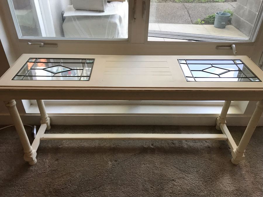 White Shabby Chic Console Table With Stained Glass Inserts