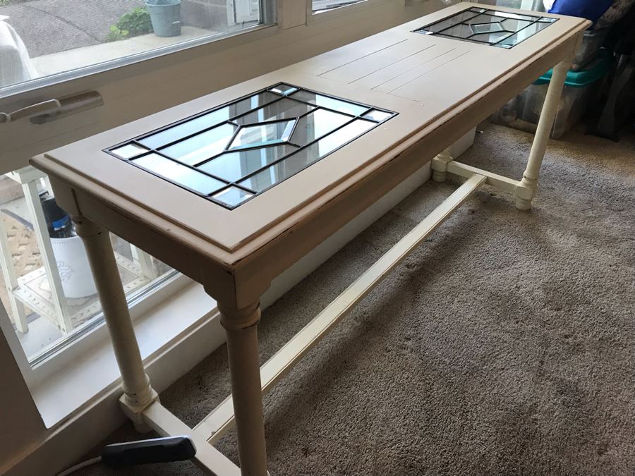 White Shabby Chic Console Table With Stained Glass Inserts [Photo 3]