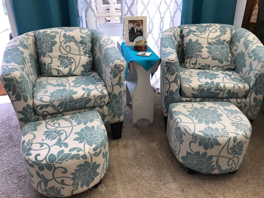 Pair Of Modern Armchairs With Matching Ottomans