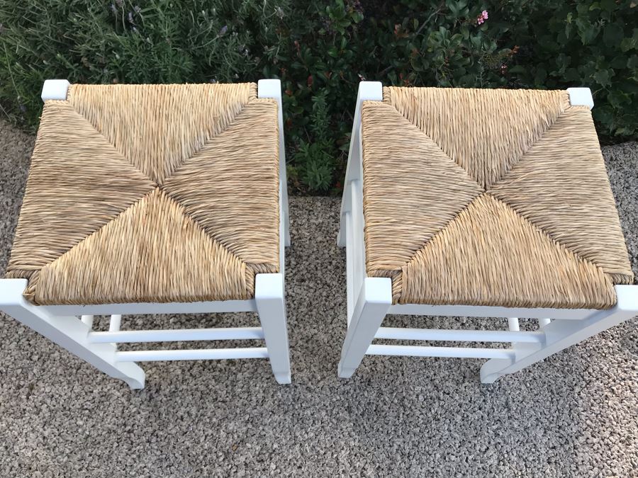 Pair Of White Rush Seat Bar Stools [Photo 3]