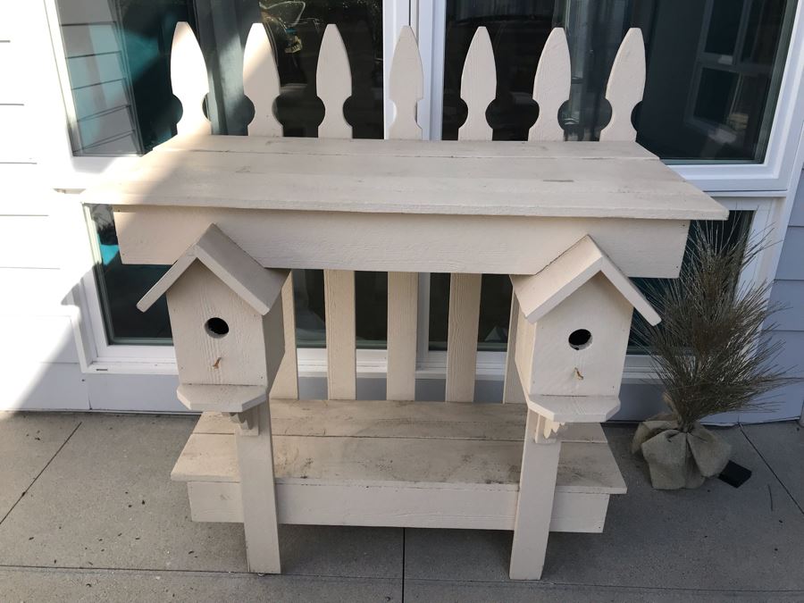 White Shabby Chic 2-Tier Outdoor Garden Wooden Table With Pair Of Built-In Birdhouses