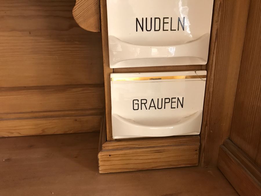 German Antique Pine Wooden Hoosier Cupboard Cabinet With Porcelain Spice Drawers [Photo 11]