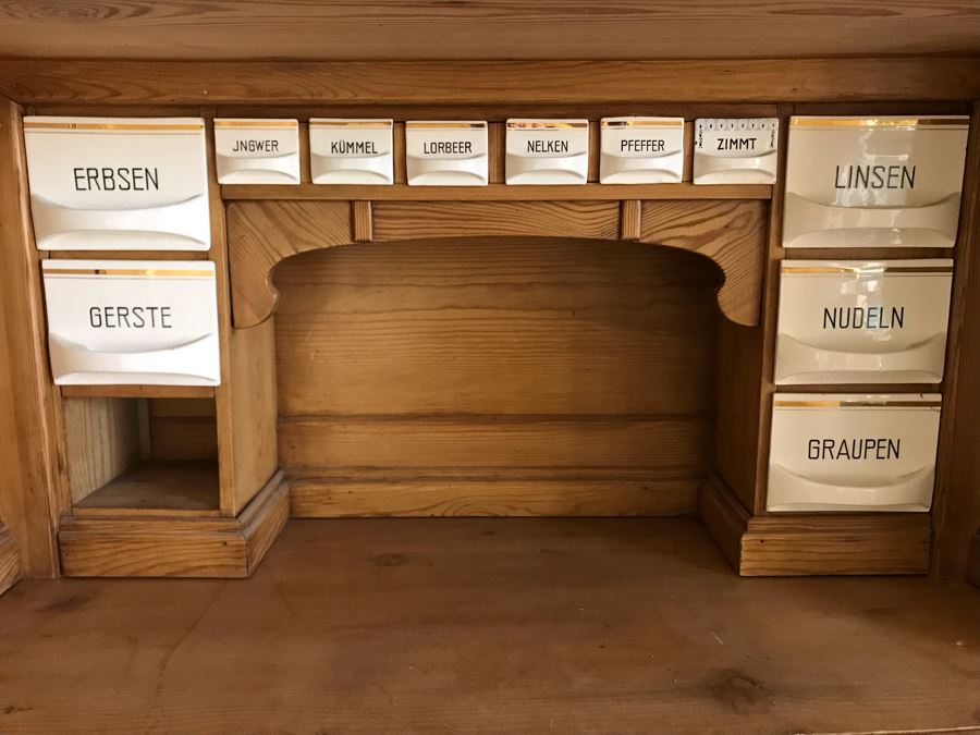 German Antique Pine Wooden Hoosier Cupboard Cabinet With Porcelain Spice Drawers [Photo 6]