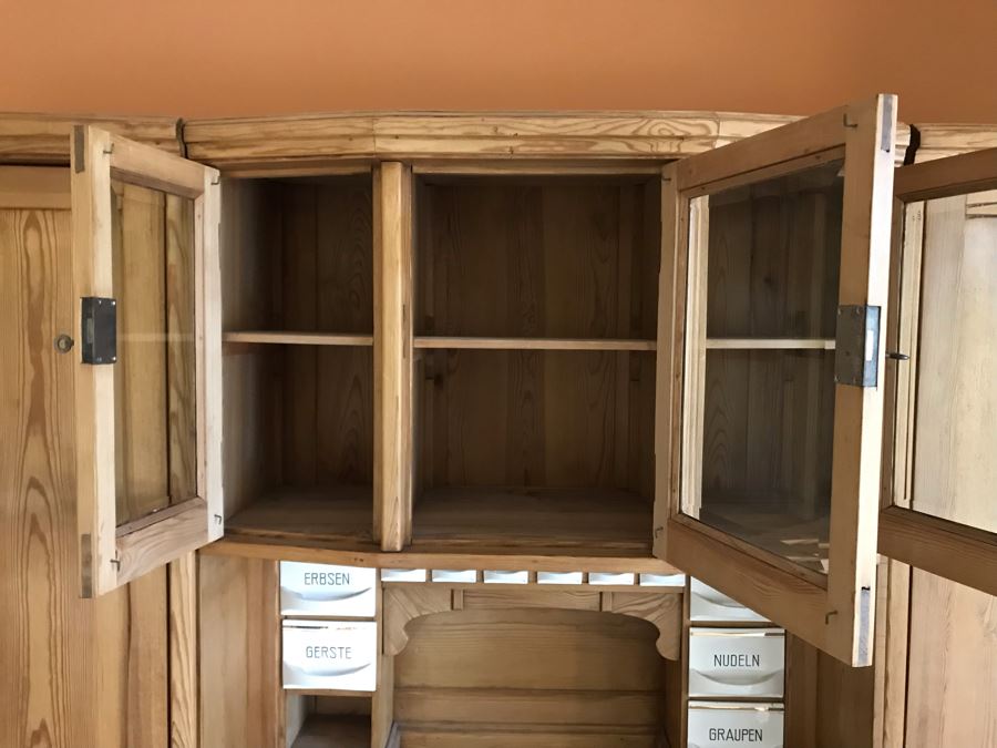 German Antique Pine Wooden Hoosier Cupboard Cabinet With Porcelain Spice Drawers [Photo 14]