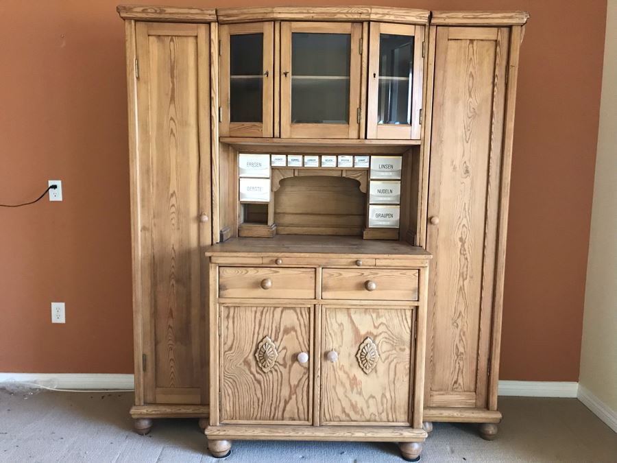 German Antique Pine Wooden Hoosier Cupboard Cabinet With Porcelain Spice Drawers [Photo 3]