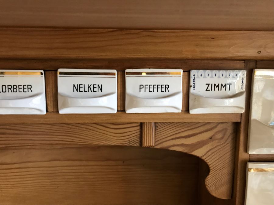 German Antique Pine Wooden Hoosier Cupboard Cabinet With Porcelain Spice Drawers [Photo 9]