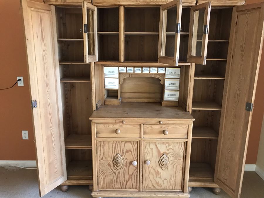 German Antique Pine Wooden Hoosier Cupboard Cabinet With Porcelain Spice Drawers [Photo 15]