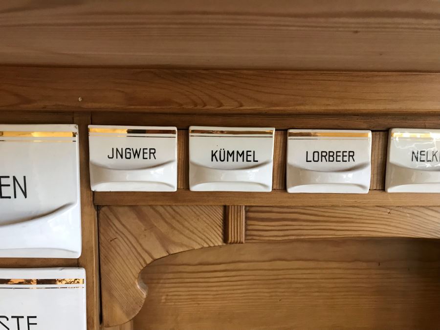 German Antique Pine Wooden Hoosier Cupboard Cabinet With Porcelain Spice Drawers [Photo 8]