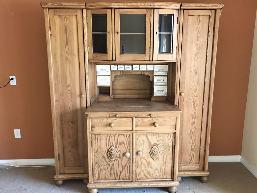 German Antique Pine Wooden Hoosier Cupboard Cabinet With Porcelain Spice Drawers