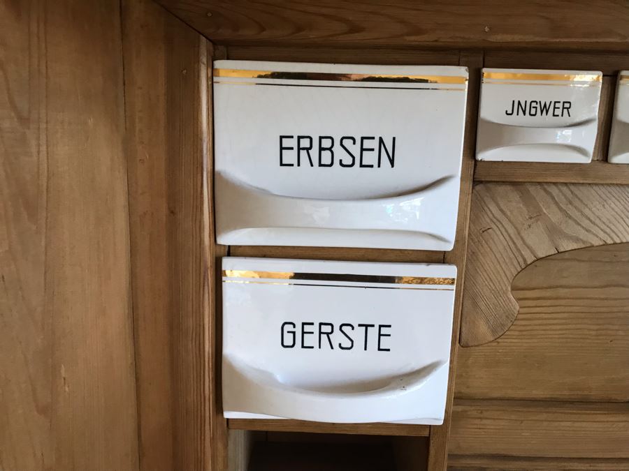 German Antique Pine Wooden Hoosier Cupboard Cabinet With Porcelain Spice Drawers [Photo 7]