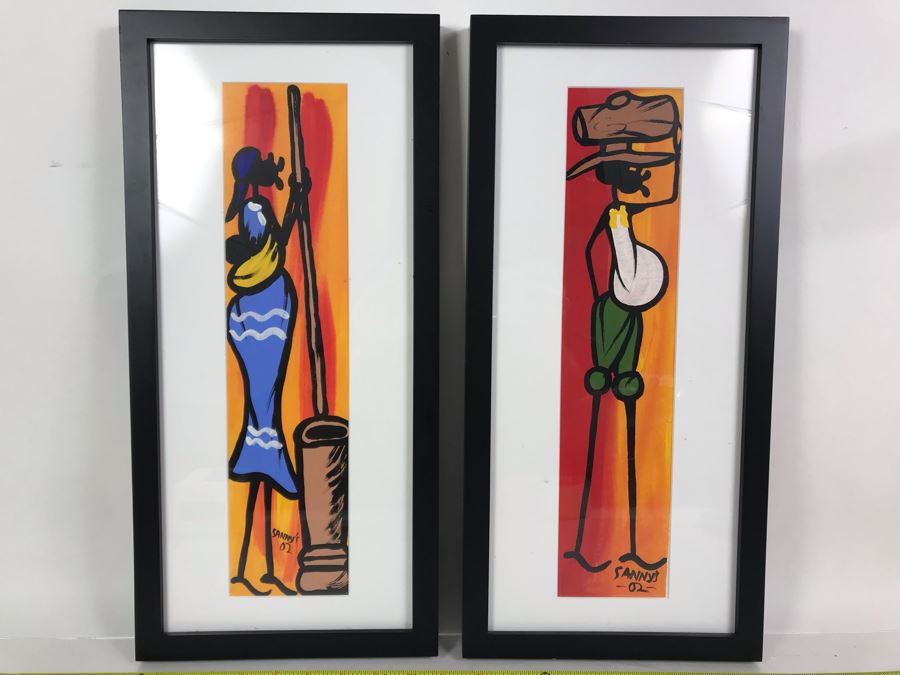 Pair Of Original African Framed Paintings Signed Sanny's 9 X 19