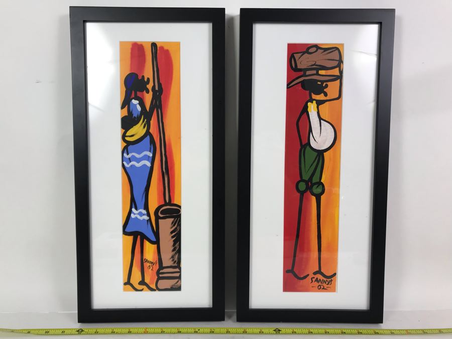 Pair Of Original African Framed Paintings Signed Sanny's 9 X 19 [Photo 2]