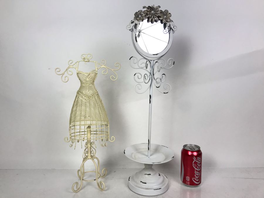 White Shabby Chic Vanity Mirror And Jewelry Dress Form Stand