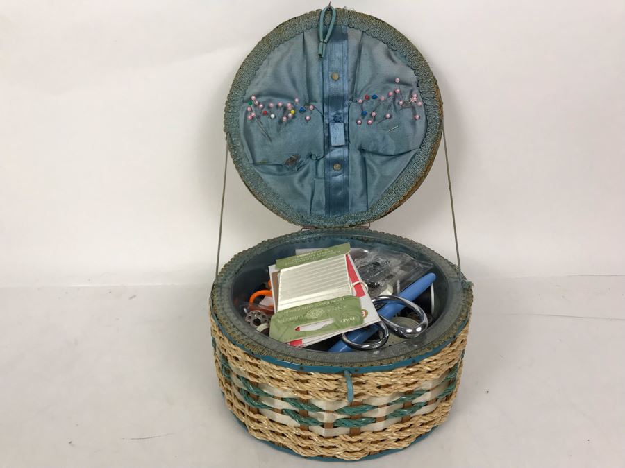 Vintage Sewing Basket With Sewing Supplies