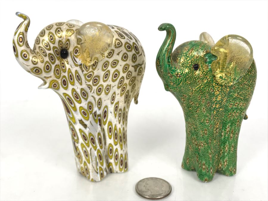 Pair Of Murano Glass Elephants From Lenox Millefiori 4.5H