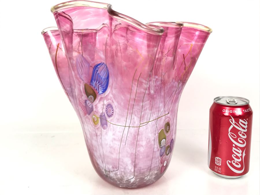 Signed Paul Allen Counts Art Glass Ocean Floor Vase 10.5H X 10W