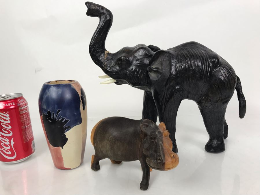 African Lot Featuring A Leather Wrapped Elephant, Carved Wooden Hippopotamus And Kenyan Turned Stone Vase [Photo 3]