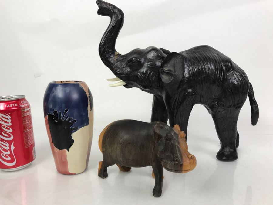 African Lot Featuring A Leather Wrapped Elephant, Carved Wooden Hippopotamus And Kenyan Turned Stone Vase [Photo 1]