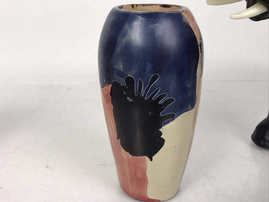 African Lot Featuring A Leather Wrapped Elephant, Carved Wooden Hippopotamus And Kenyan Turned Stone Vase [Photo 14]