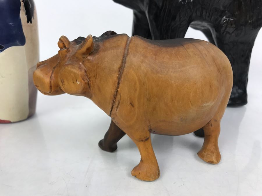 African Lot Featuring A Leather Wrapped Elephant, Carved Wooden Hippopotamus And Kenyan Turned Stone Vase [Photo 6]