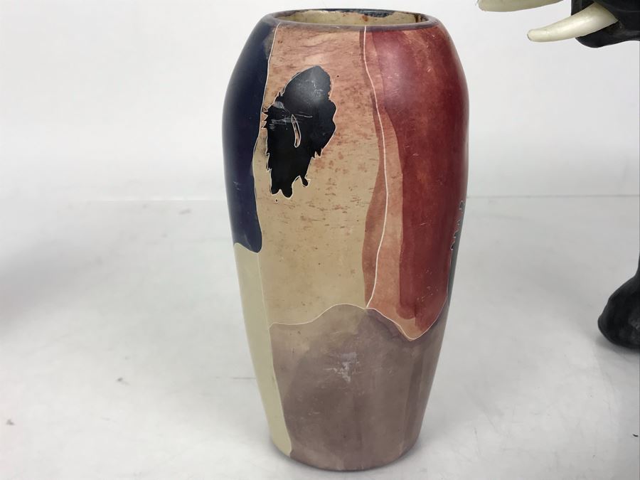 African Lot Featuring A Leather Wrapped Elephant, Carved Wooden Hippopotamus And Kenyan Turned Stone Vase [Photo 16]