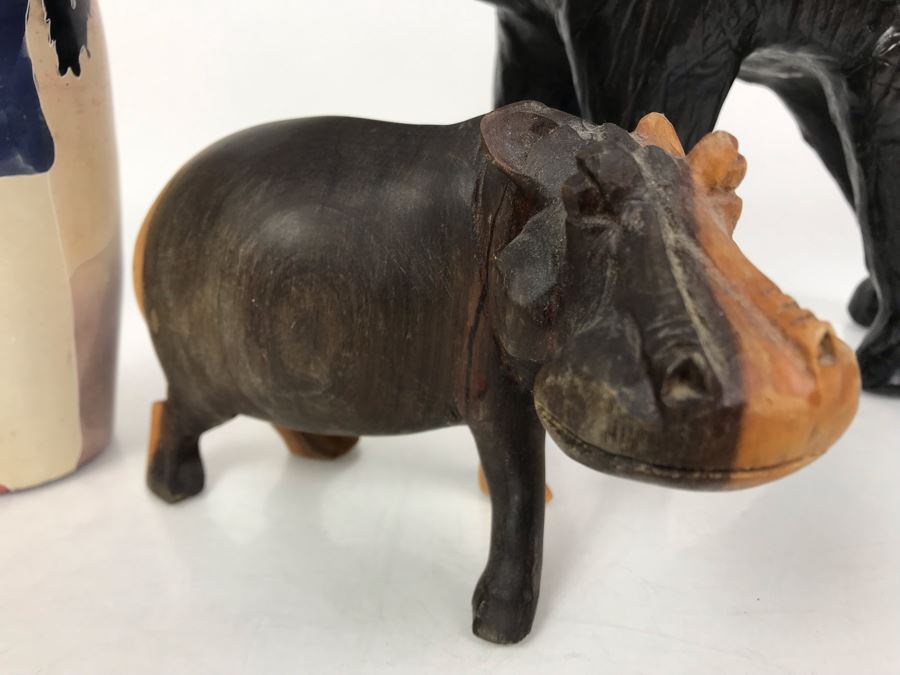 African Lot Featuring A Leather Wrapped Elephant, Carved Wooden Hippopotamus And Kenyan Turned Stone Vase [Photo 4]