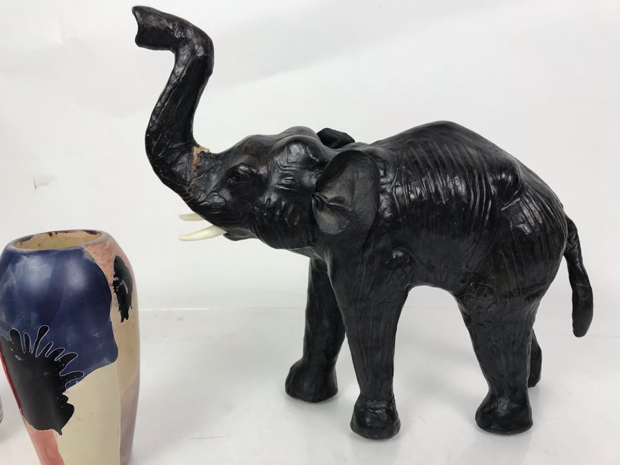 African Lot Featuring A Leather Wrapped Elephant, Carved Wooden Hippopotamus And Kenyan Turned Stone Vase [Photo 7]