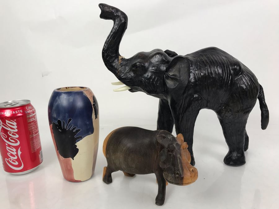 African Lot Featuring A Leather Wrapped Elephant, Carved Wooden Hippopotamus And Kenyan Turned Stone Vase [Photo 2]