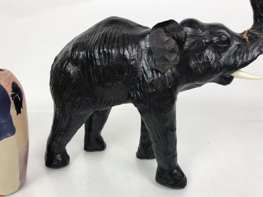 African Lot Featuring A Leather Wrapped Elephant, Carved Wooden Hippopotamus And Kenyan Turned Stone Vase [Photo 11]