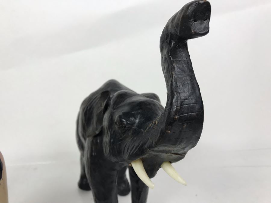 African Lot Featuring A Leather Wrapped Elephant, Carved Wooden Hippopotamus And Kenyan Turned Stone Vase [Photo 9]