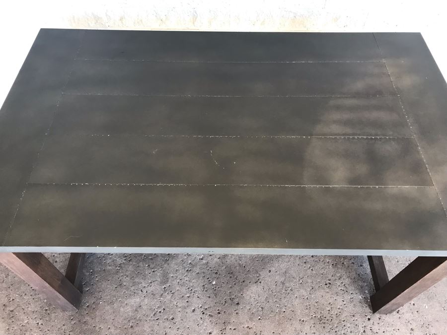 Crate & Barrel Metal Wrapped Top Wooden Industrial Dining Table [Photo 12]