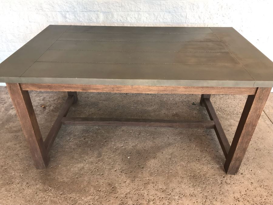 Crate & Barrel Metal Wrapped Top Wooden Industrial Dining Table [Photo 2]