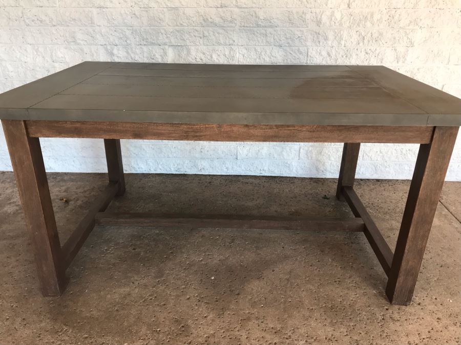 Crate & Barrel Metal Wrapped Top Wooden Industrial Dining Table [Photo 11]