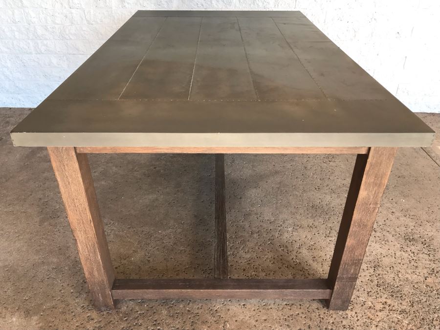 Crate & Barrel Metal Wrapped Top Wooden Industrial Dining Table [Photo 9]