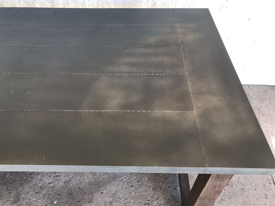 Crate & Barrel Metal Wrapped Top Wooden Industrial Dining Table [Photo 3]