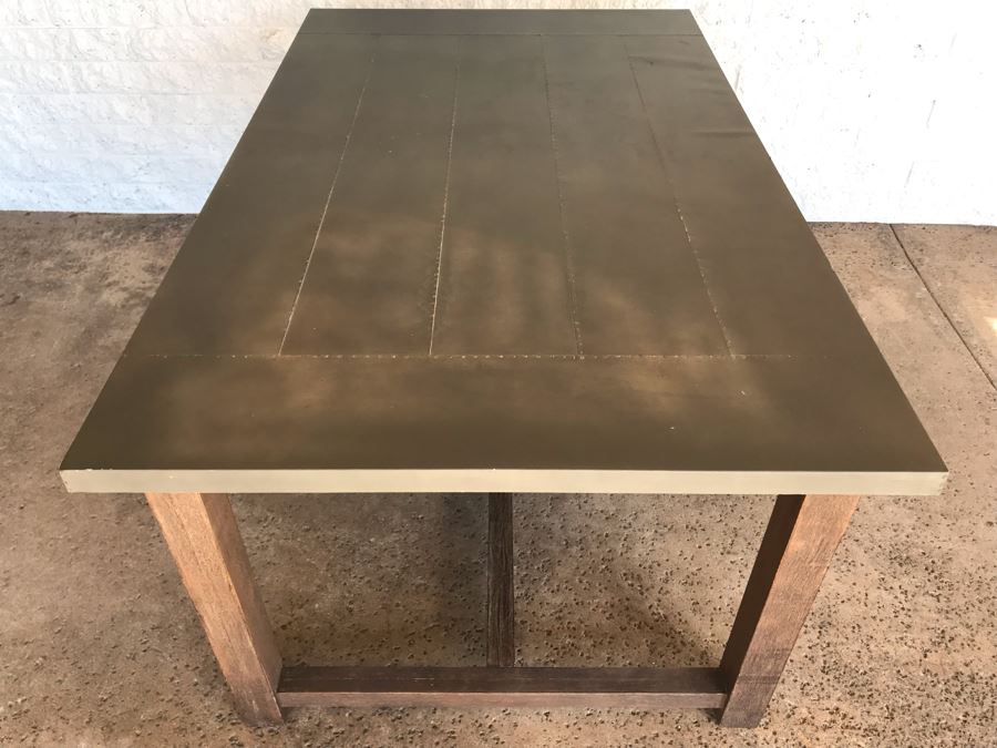 Crate & Barrel Metal Wrapped Top Wooden Industrial Dining Table