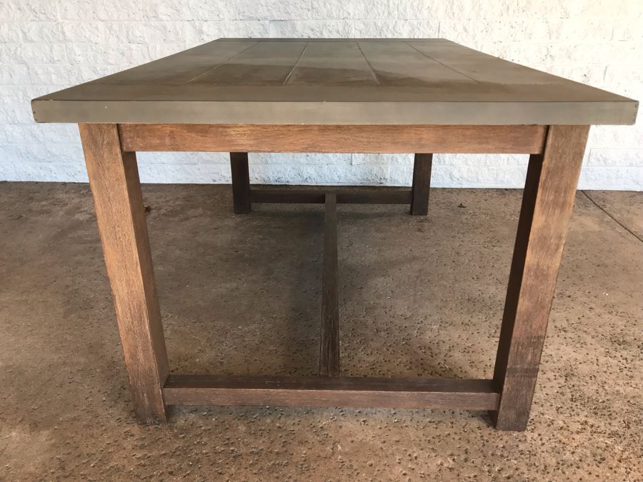 Crate & Barrel Metal Wrapped Top Wooden Industrial Dining Table [Photo 7]